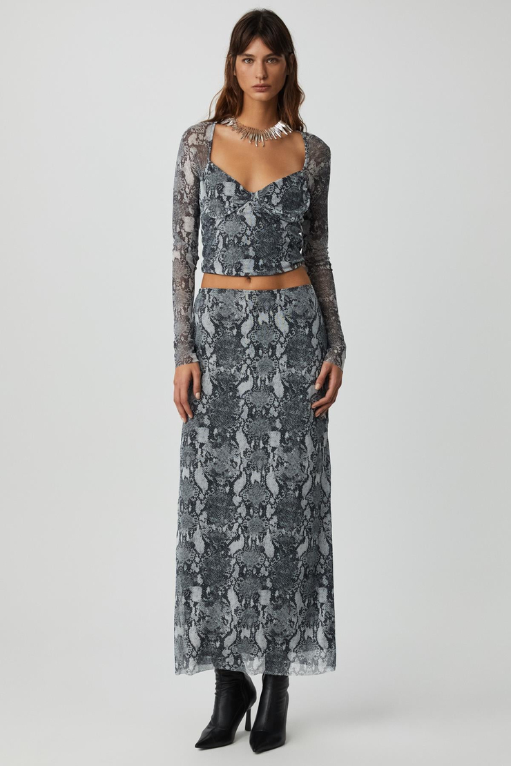 BEULAH Kadın Maxi Boy Slim Fit Beli Lastikli Tül Batik Desenli Yılan Desenli Etek