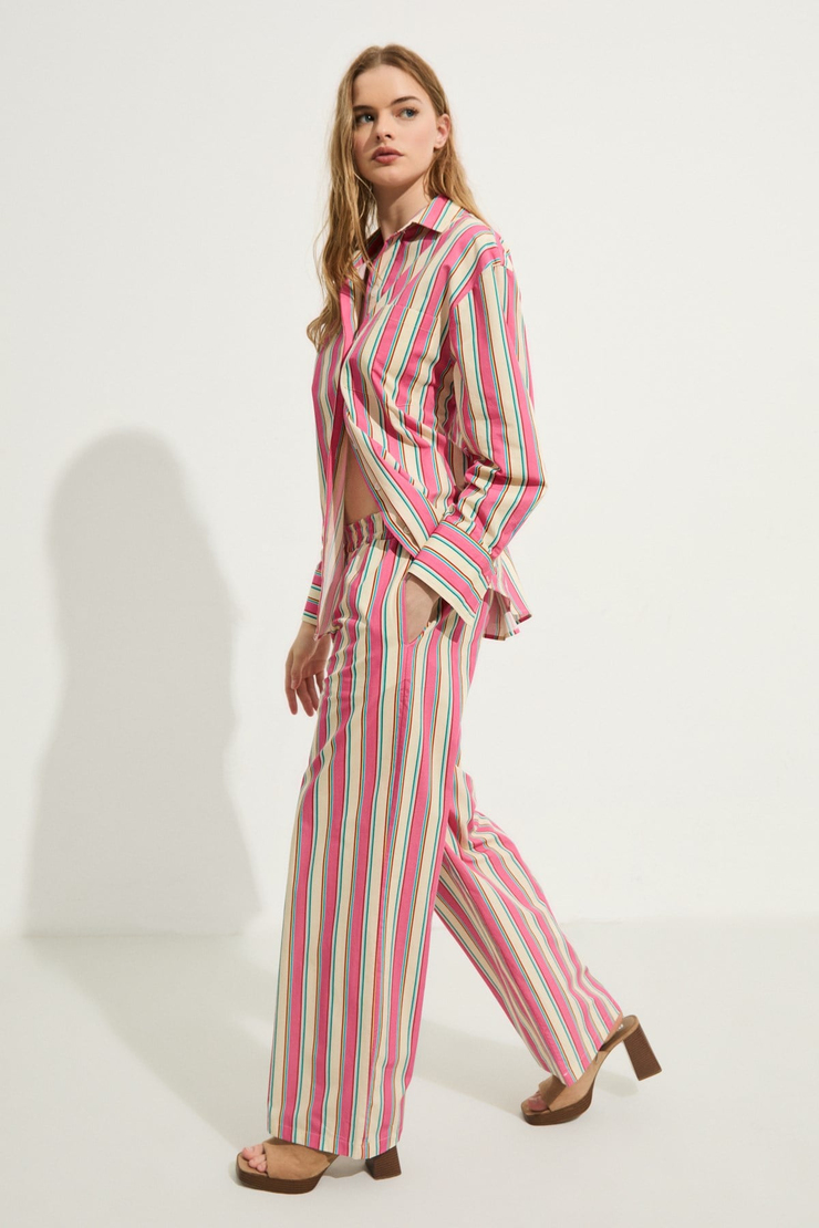 BEXLEY Kadın Regular Fit %100 Organik Pamuklu Pembe Çizgili Pantolon
