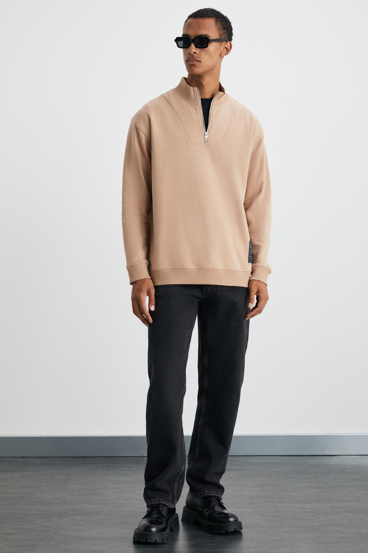 BILBOAN Erkek Pamuk Fermuar Dik Yaka Sırt Baskılı Koyu Bej Sweatshirt