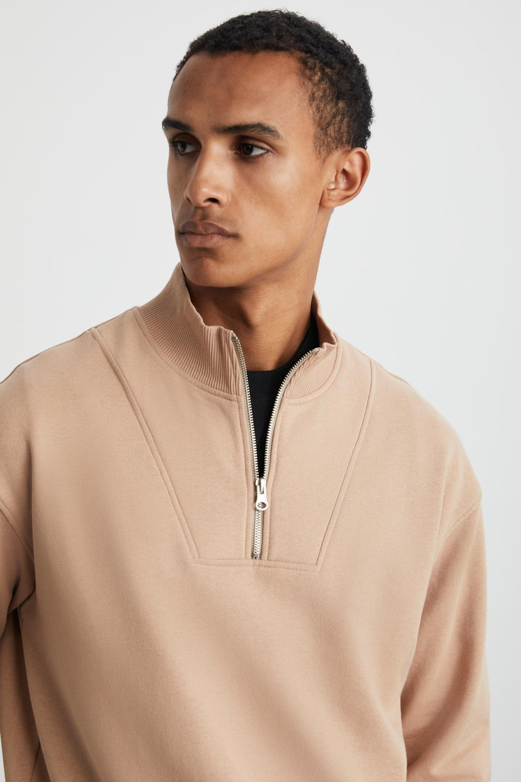 BILBOAN Erkek Pamuk Fermuar Dik Yaka Sırt Baskılı Koyu Bej Sweatshirt