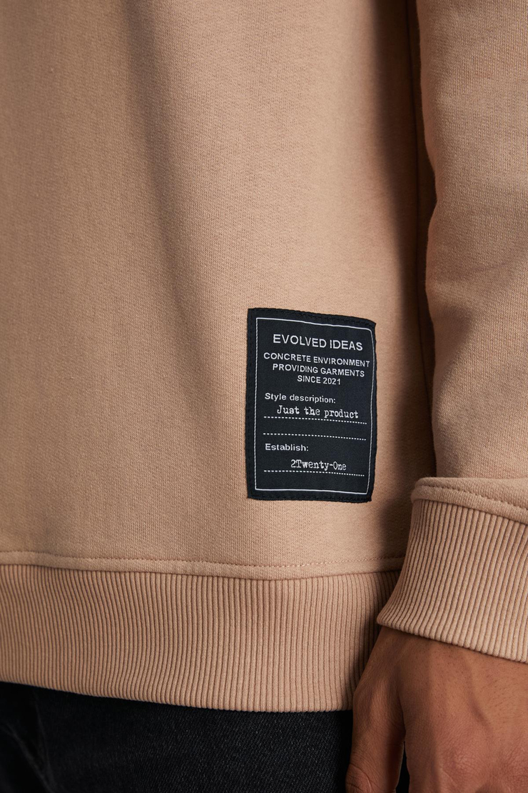 BILBOAN Erkek Pamuk Fermuar Dik Yaka Sırt Baskılı Koyu Bej Sweatshirt