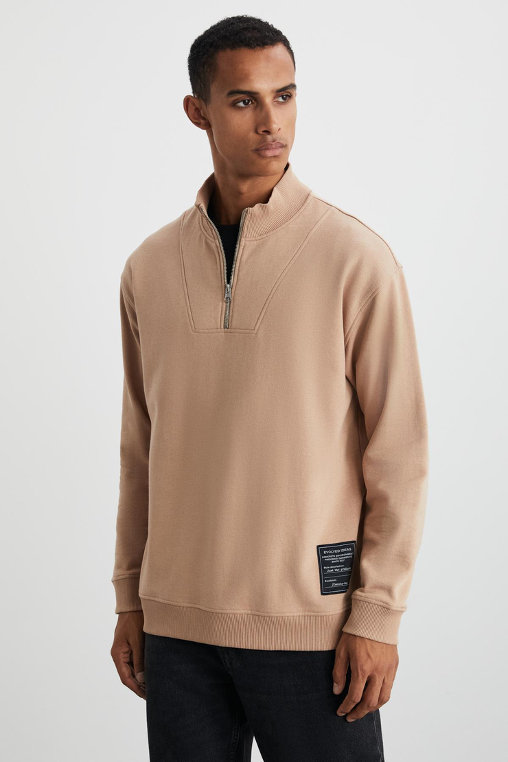 BILBOAN Erkek Pamuk Fermuar Dik Yaka Sırt Baskılı Koyu Bej Sweatshirt
