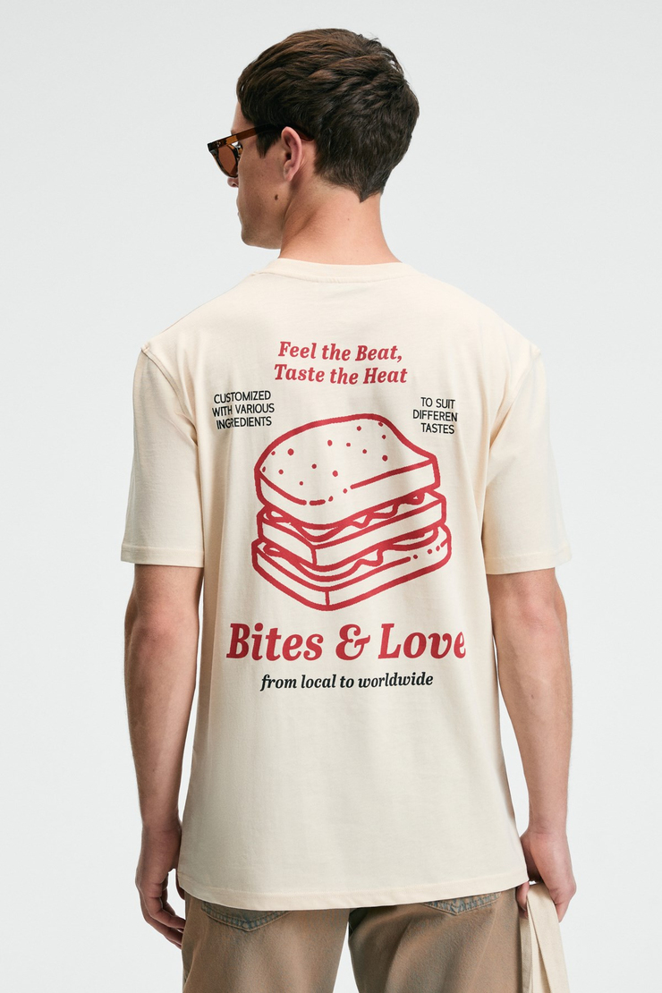 BITE Erkek Oversize %100 Pamuk Baskılı Yuvarlak Yaka Vanilya T-Shirt