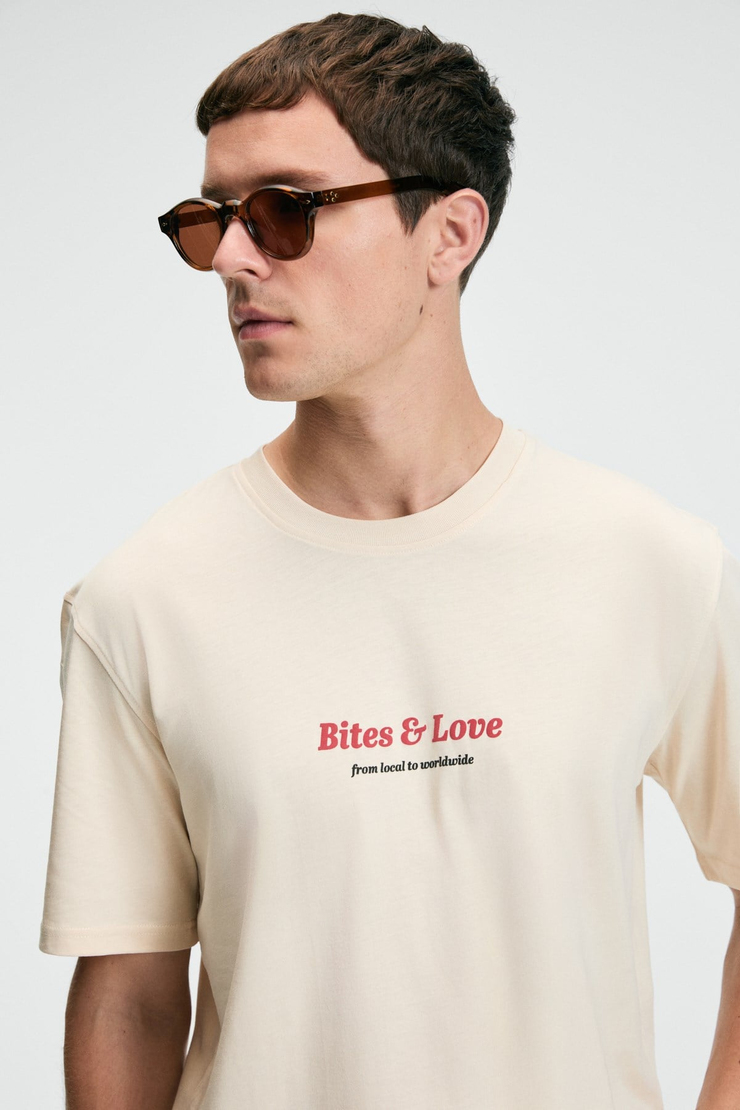 BITE Erkek Oversize %100 Pamuk Baskılı Yuvarlak Yaka Vanilya T-Shirt