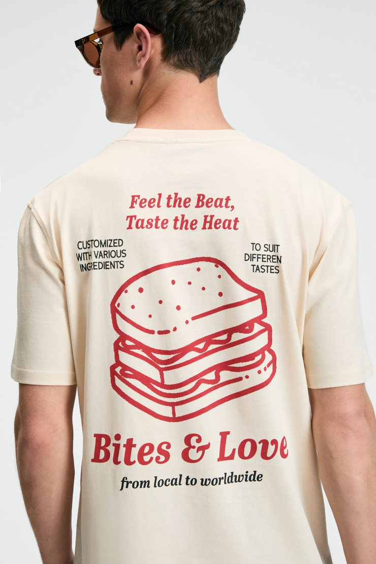 BITE Erkek Oversize %100 Pamuk Baskılı Yuvarlak Yaka Vanilya T-Shirt