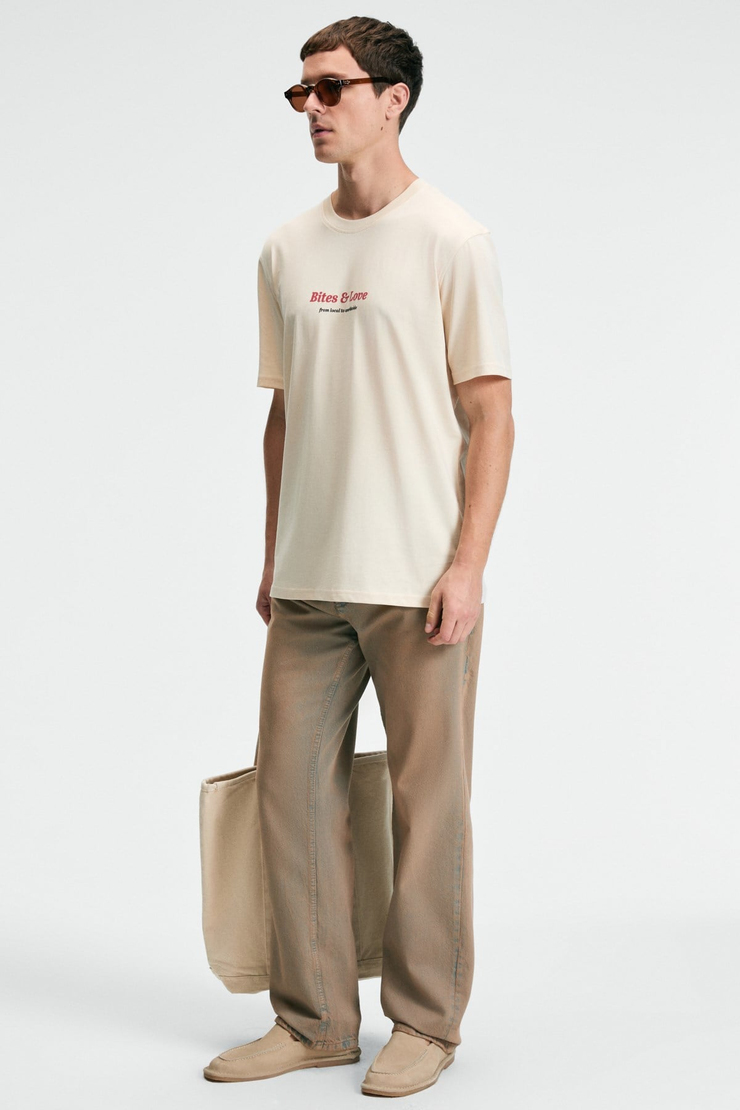 BITE Erkek Oversize %100 Pamuk Baskılı Yuvarlak Yaka Vanilya T-Shirt