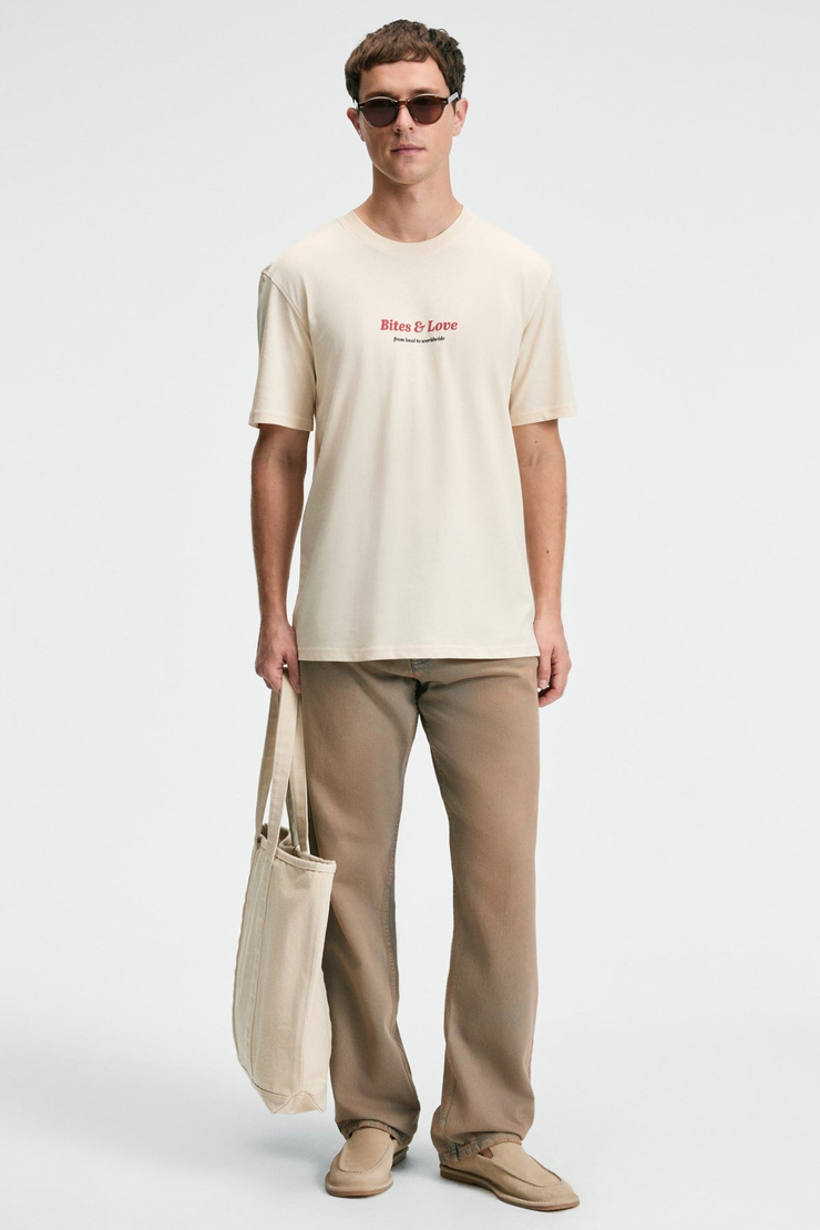 BITE Erkek Oversize %100 Pamuk Baskılı Yuvarlak Yaka Vanilya T-Shirt