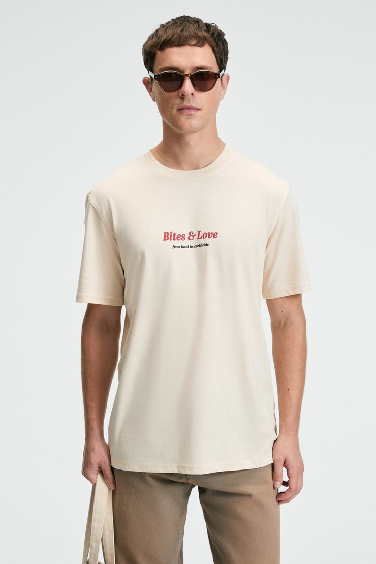 BITE Erkek Oversize %100 Pamuk Baskılı Yuvarlak Yaka Vanilya T-Shirt