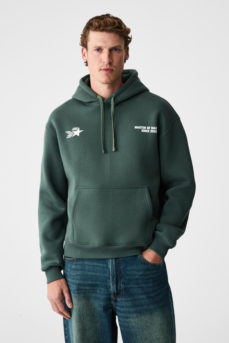 BLAISE Erkek Önü Ve Sırtı Baskılı Kapüşonlu Kordonlu Kanguru Cepli Regular Fit Yeşil Sweatshirt