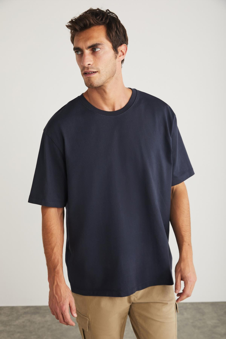 BLAS Basic Oversize Lacivert Tekli T-Shirt