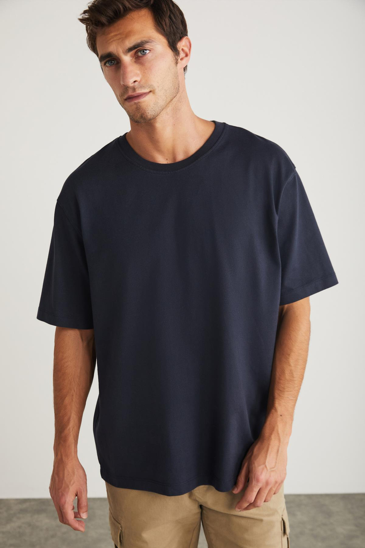 BLAS Basic Oversize Lacivert Tekli T-Shirt