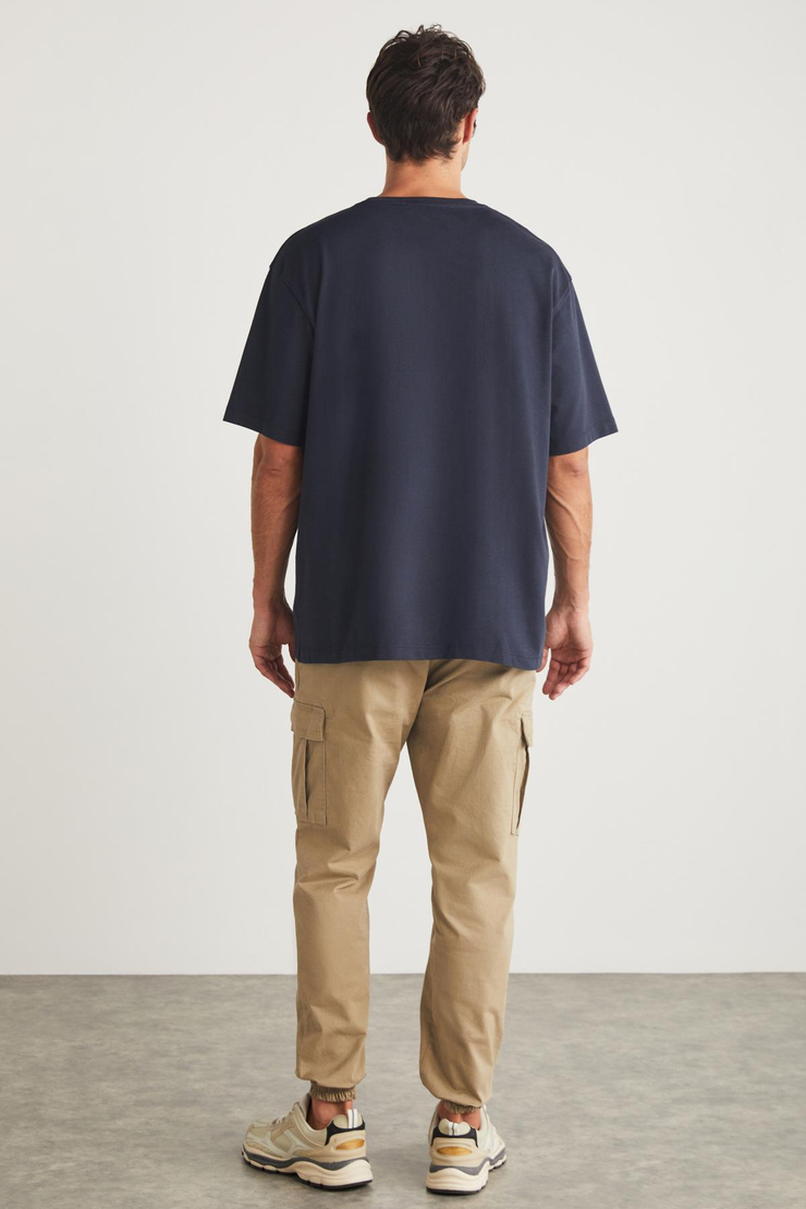 BLAS Basic Oversize Lacivert Tekli T-Shirt