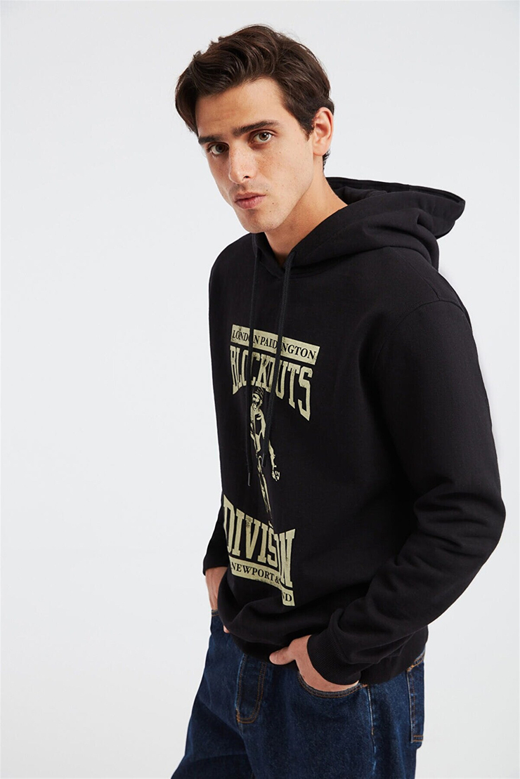 BLOCKOUT Erkek Siyah Baskılı Kapüşonlu Comfort Fit Sweatshirt