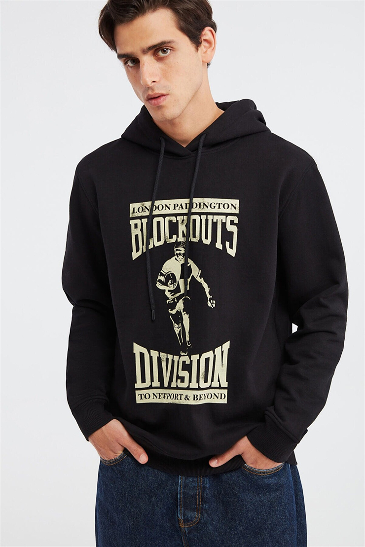 BLOCKOUT Erkek Siyah Baskılı Kapüşonlu Comfort Fit Sweatshirt