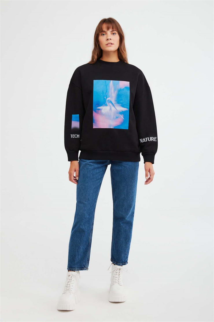 BLUR Örme Oversize Siyah  Sweatshirt