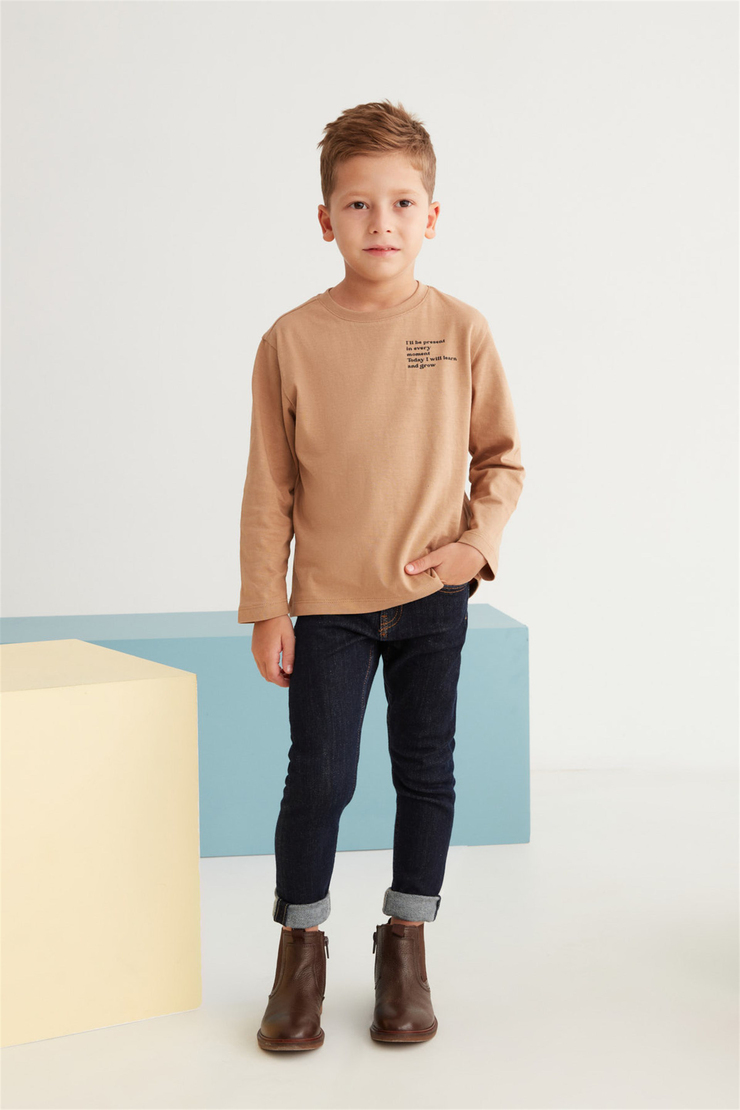 BOBBY Çocuk Kahverengi Baskılı Yuvarlak Yaka Comfort Fit T-Shirt