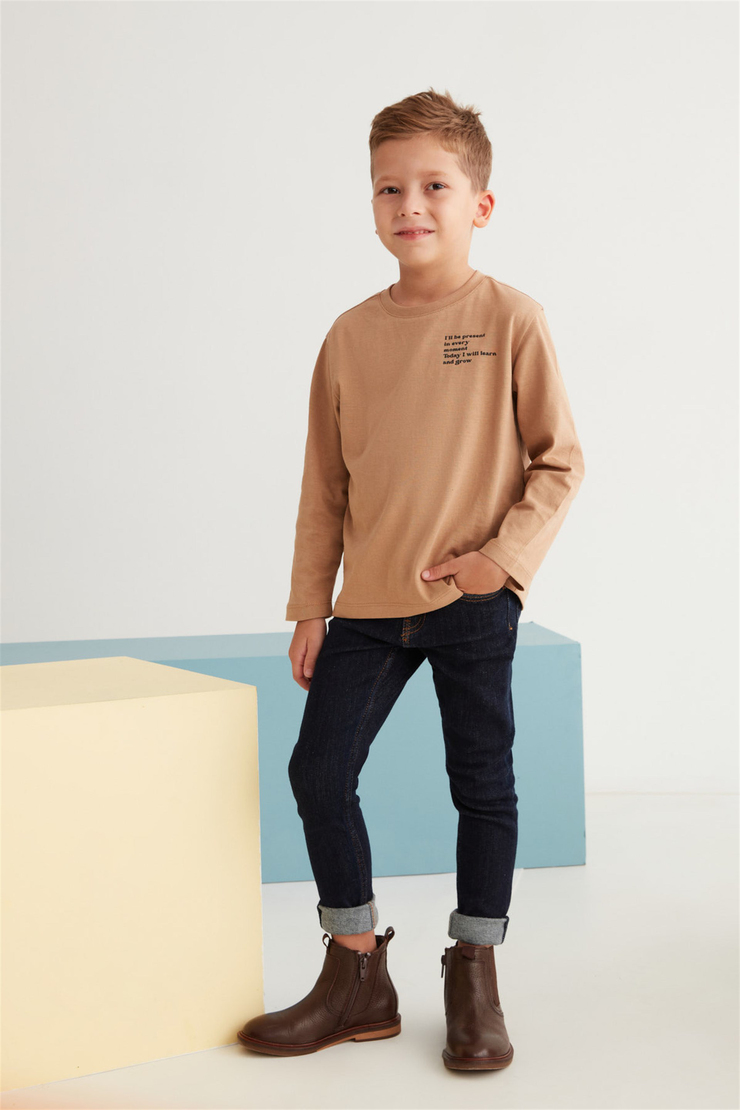 BOBBY Çocuk Kahverengi Baskılı Yuvarlak Yaka Comfort Fit T-Shirt