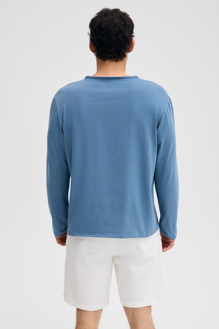 BOHINJ Erkek Yumuşak Ve Organik Pamuklu Hakim Yaka Düğmeli Uzun Kollu İndigo T-Shirt