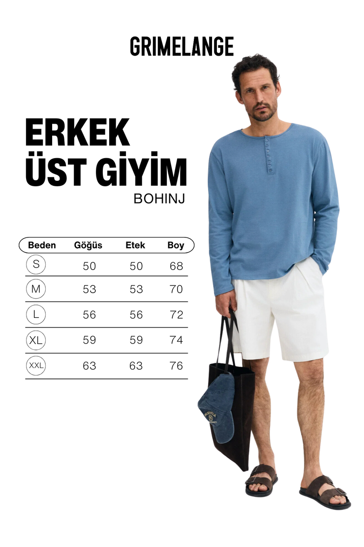 BOHINJ Erkek Yumuşak Ve Organik Pamuklu Hakim Yaka Düğmeli Uzun Kollu İndigo T-Shirt
