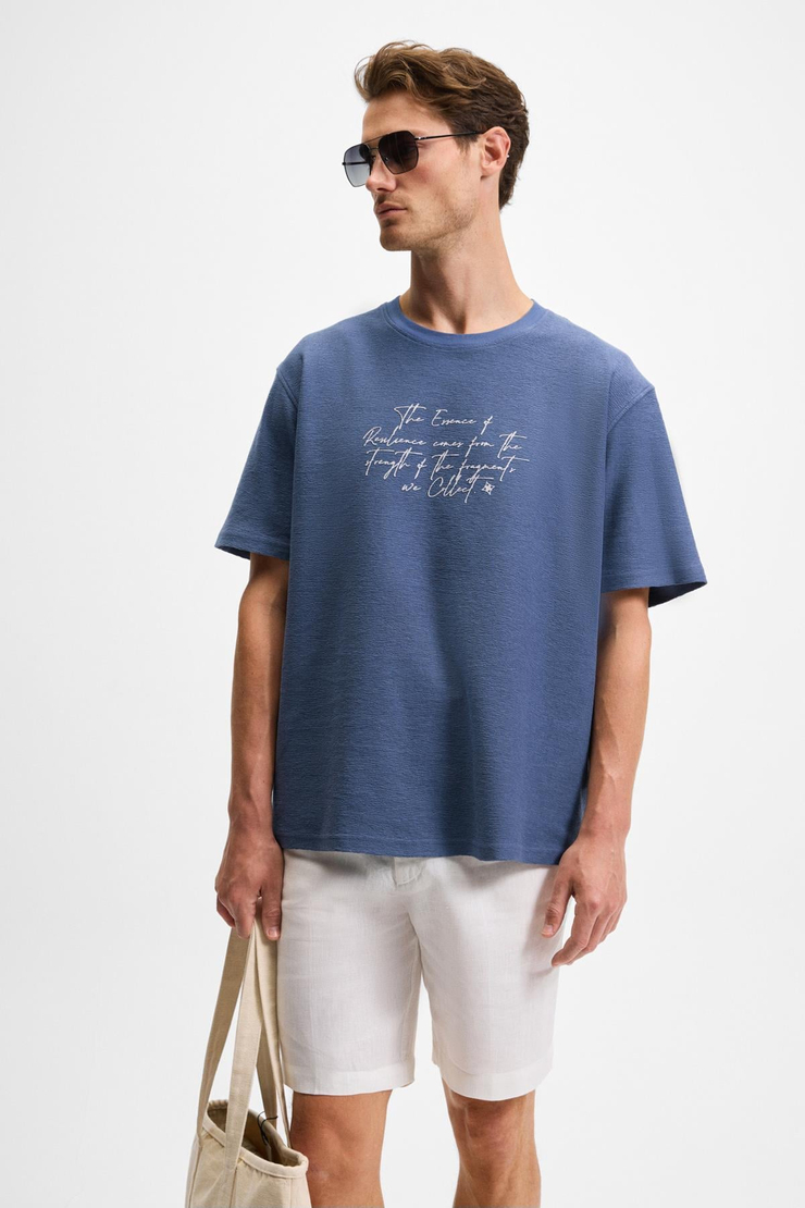 BONDIA Erkek Baskı Detaylı %100 Organik Pamuk Oversize Fit Bisiklet Yakalı Kısa Kollu İndigo T-Shirt
