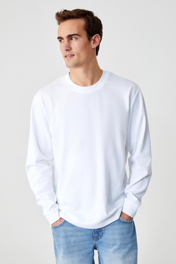BOONE Erkek Regular Bisiklet Yaka Uzun Kollu Beyaz T-Shirt