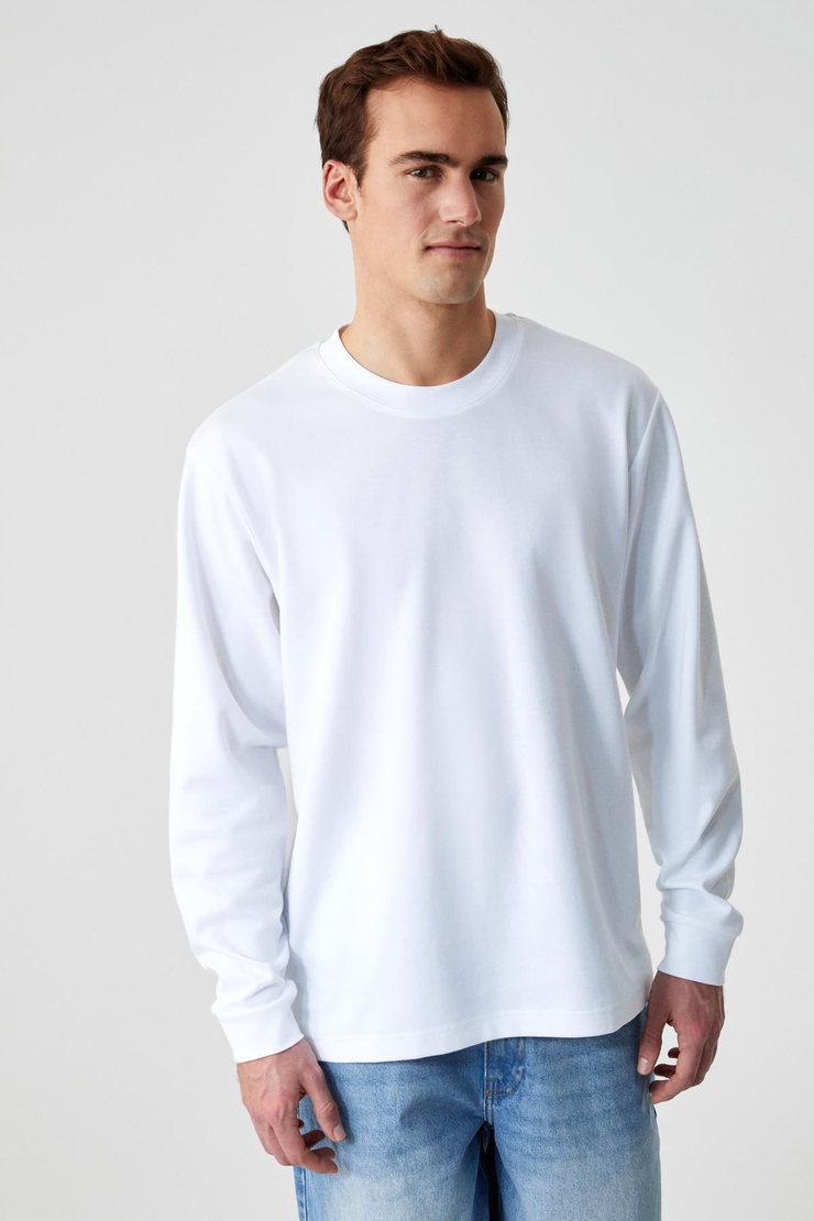 BOONE Erkek Regular Bisiklet Yaka Uzun Kollu Beyaz T-Shirt