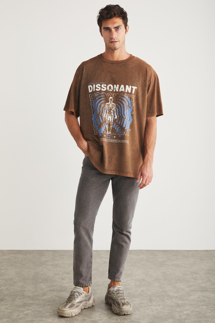 BORIS Basic Oversize Kahverengi Tekli T-Shirt