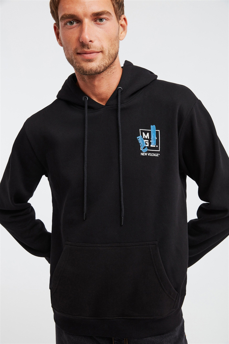 BOUNCE Erkek Siyah Baskılı Kapüşonlu Comfort Fit Sweatshirt
