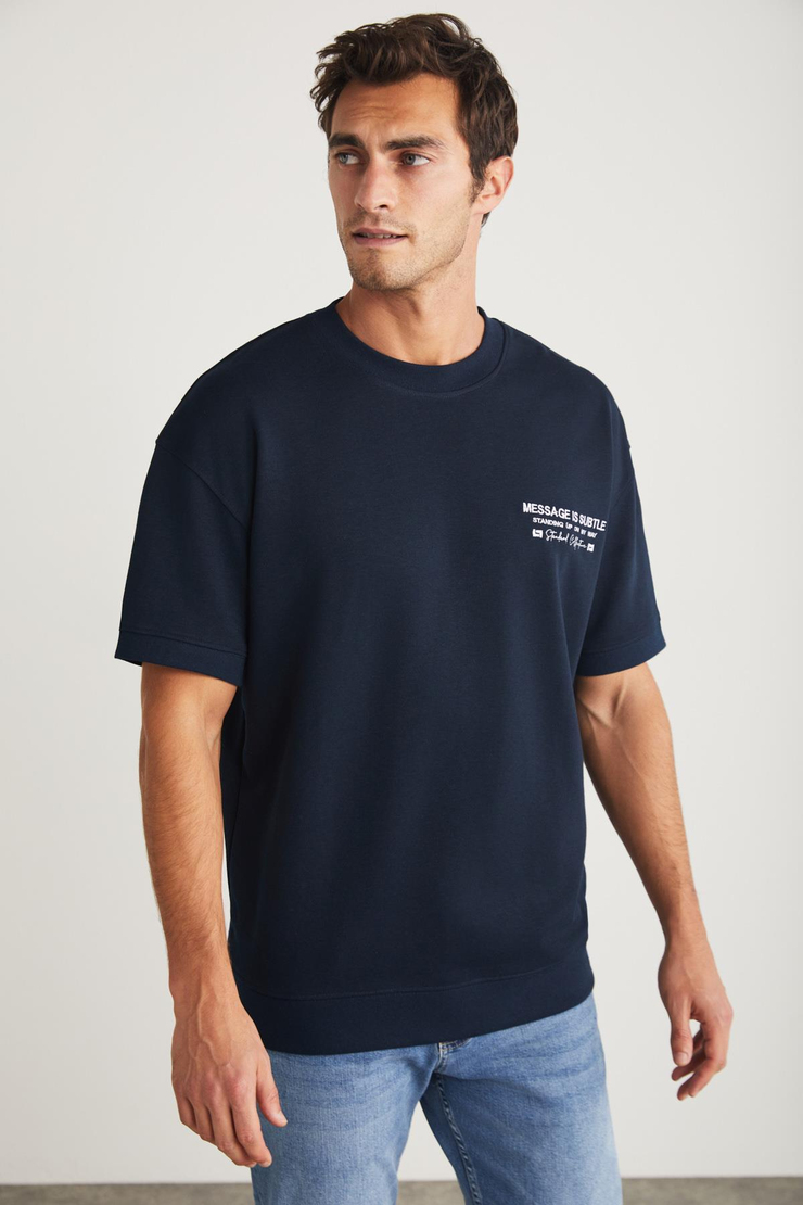 BRENDAN Basic Relaxed Lacivert Tekli T-Shirt