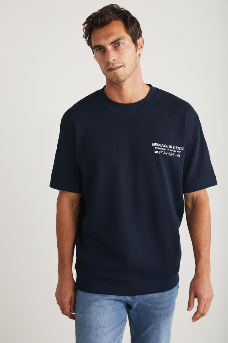 BRENDAN Basic Relaxed Lacivert Tekli T-Shirt