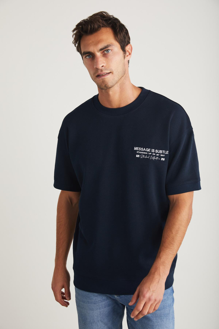 BRENDAN Basic Relaxed Lacivert Tekli T-Shirt