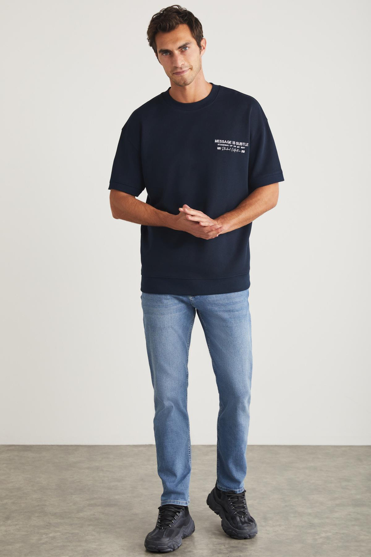 BRENDAN Basic Relaxed Lacivert Tekli T-Shirt