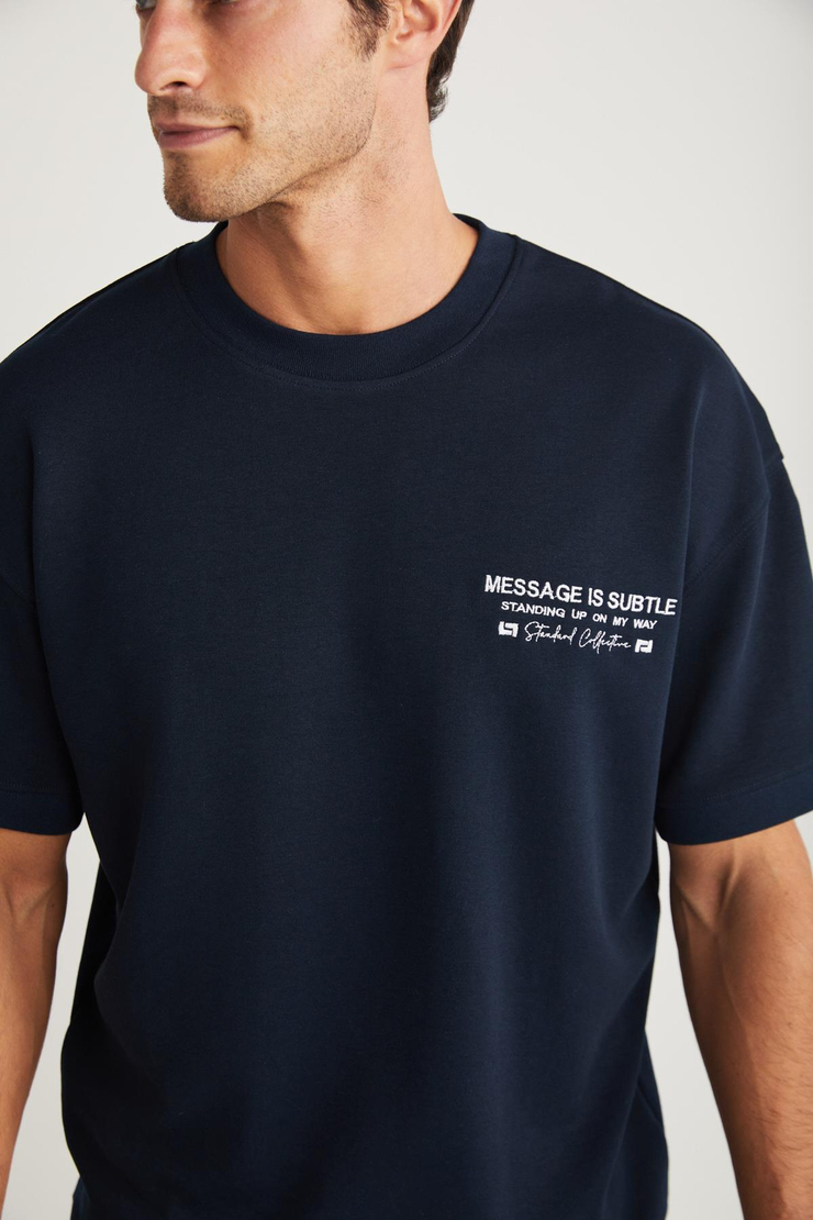 BRENDAN Basic Relaxed Lacivert Tekli T-Shirt