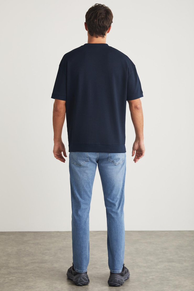 BRENDAN Basic Relaxed Lacivert Tekli T-Shirt