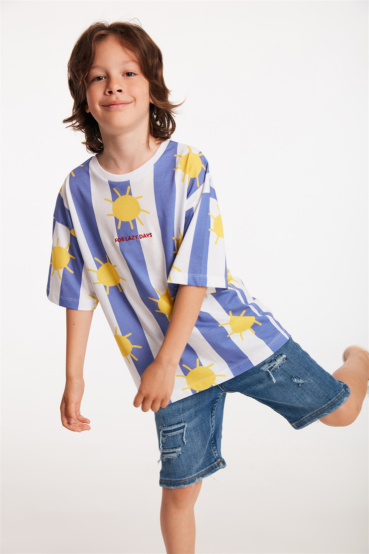 BROCK Çocuk Mavi Nakışlı-İşlemeli Yuvarlak Yaka Comfort Fit T-Shirt