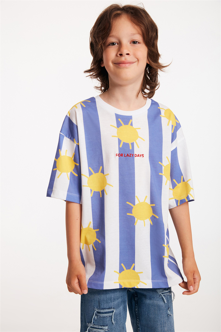 BROCK Çocuk Mavi Nakışlı-İşlemeli Yuvarlak Yaka Comfort Fit T-Shirt