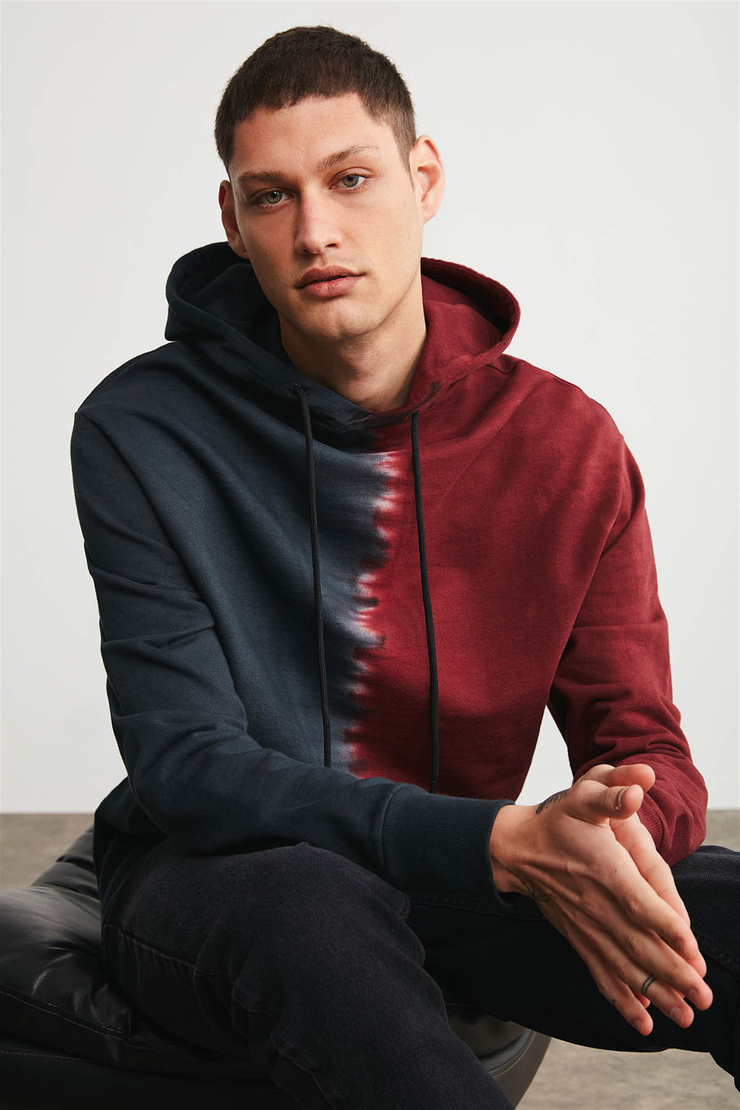 BRONX Erkek Bordo Batik Kapüşonlu Comfort Fit Sweatshirt