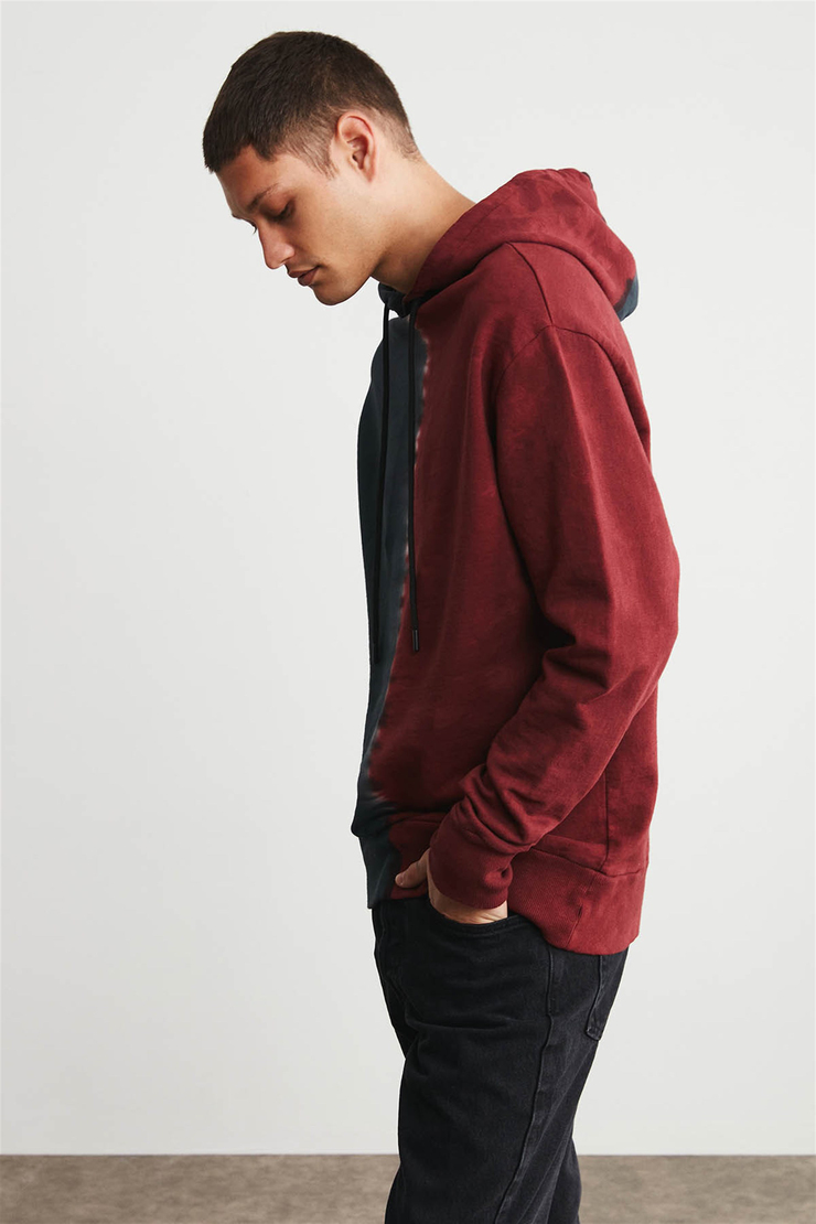 BRONX Erkek Bordo Batik Kapüşonlu Comfort Fit Sweatshirt