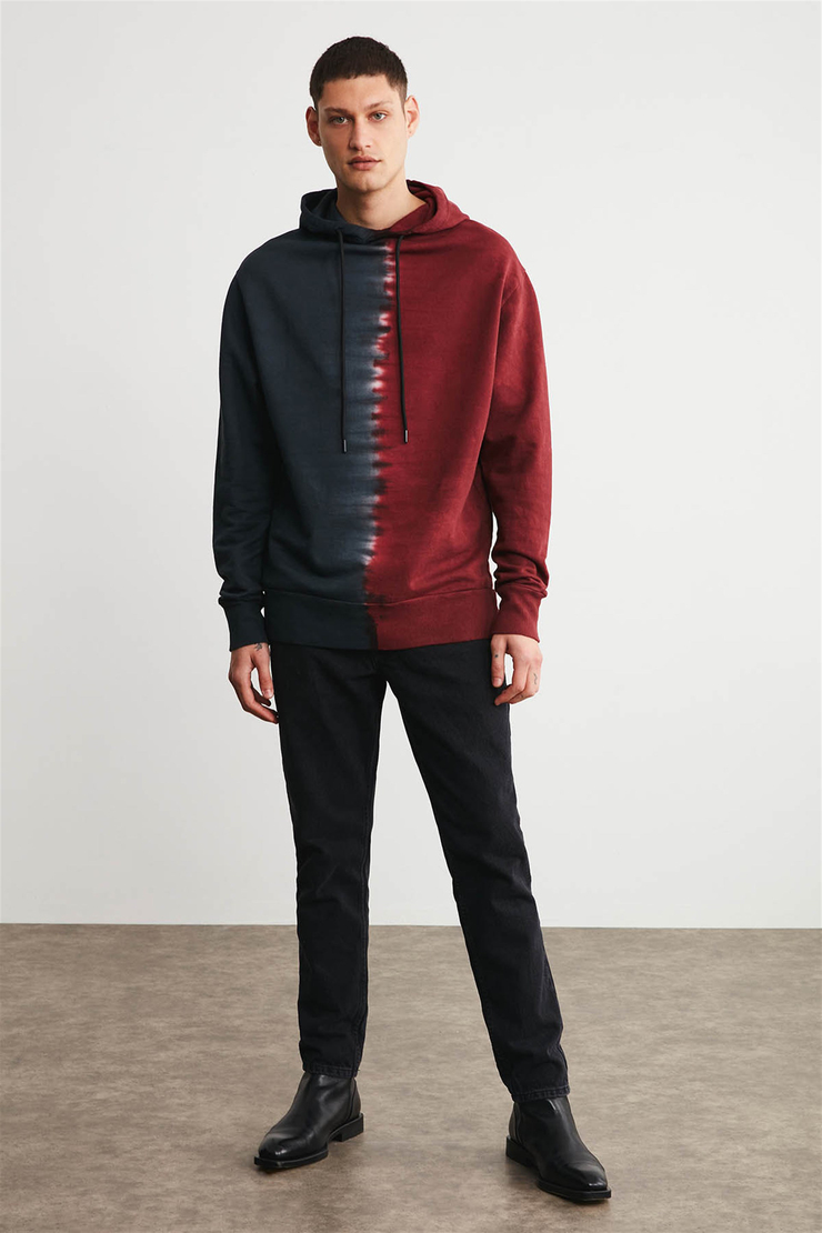 BRONX Erkek Bordo Batik Kapüşonlu Comfort Fit Sweatshirt