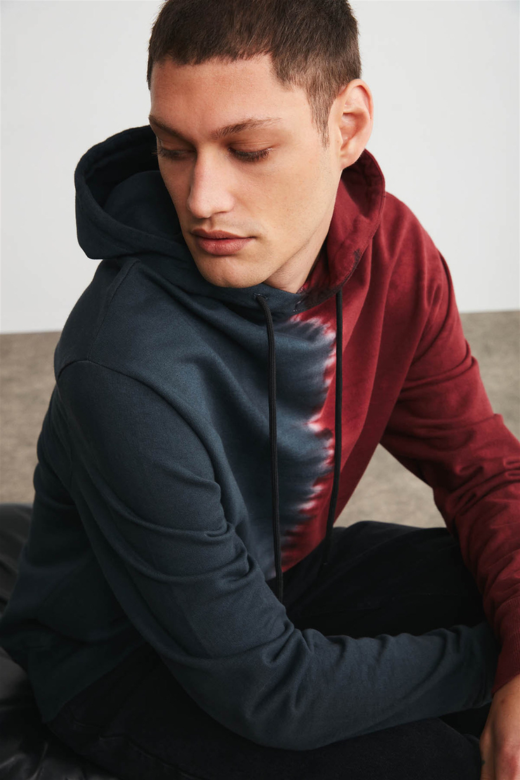 BRONX Erkek Bordo Batik Kapüşonlu Comfort Fit Sweatshirt