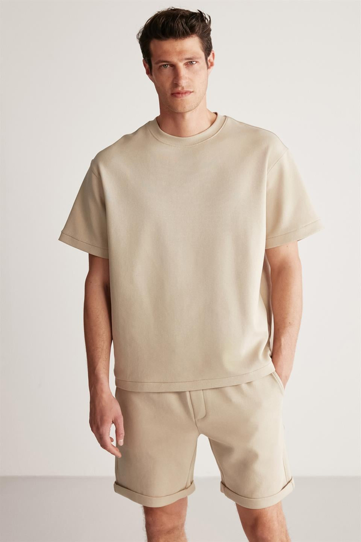 BRUCE İnterlok Oversize Bej Tekli Alt-Üst Takım