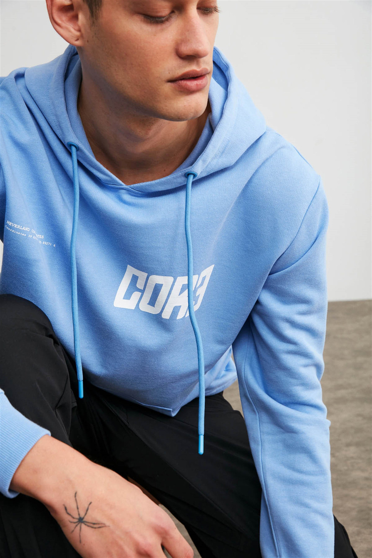 BRUNO Erkek Mavi Baskılı Kapüşonlu Comfort Fit Sweatshirt