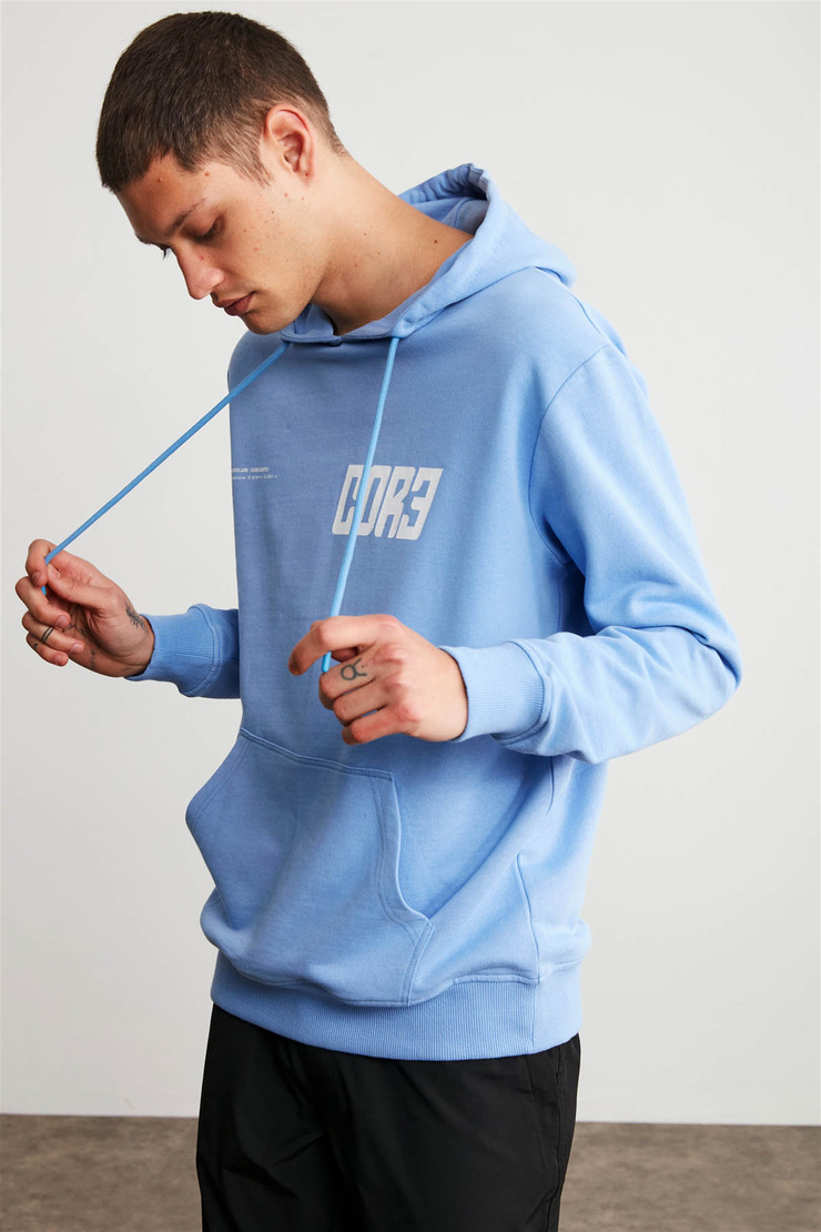 BRUNO Erkek Mavi Baskılı Kapüşonlu Comfort Fit Sweatshirt