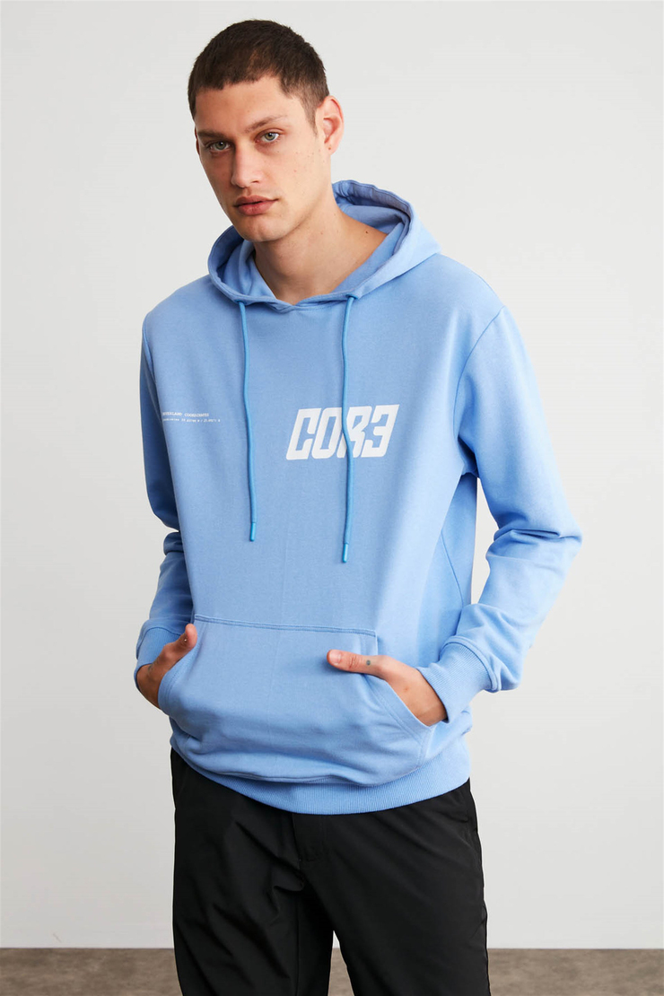 BRUNO Erkek Mavi Baskılı Kapüşonlu Comfort Fit Sweatshirt