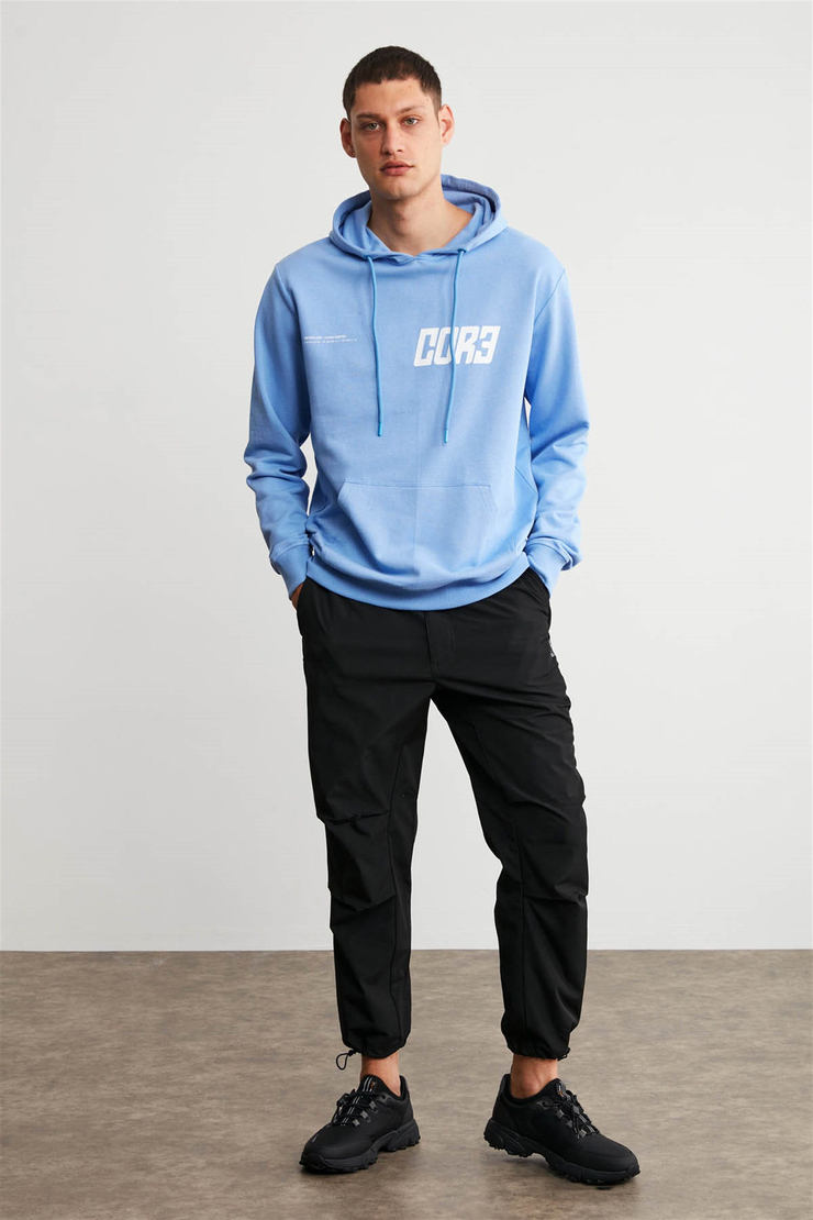BRUNO Erkek Mavi Baskılı Kapüşonlu Comfort Fit Sweatshirt