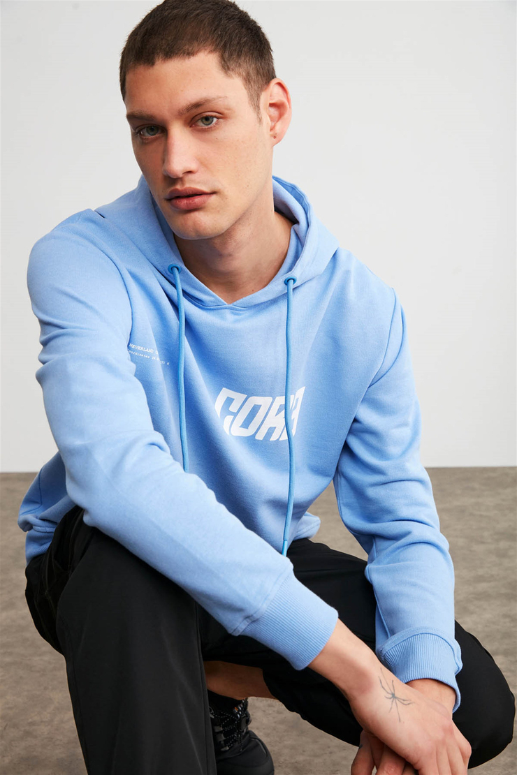 BRUNO Erkek Mavi Baskılı Kapüşonlu Comfort Fit Sweatshirt