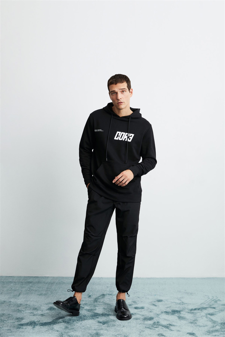 BRUNO Erkek Siyah Baskılı Kapüşonlu Comfort Fit Sweatshirt