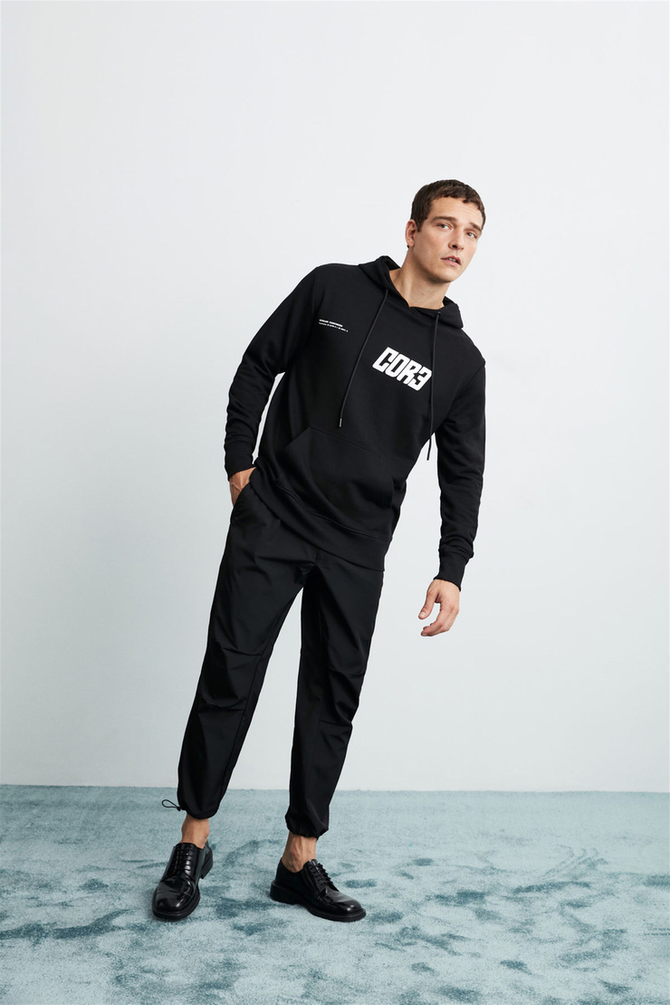 BRUNO Erkek Siyah Baskılı Kapüşonlu Comfort Fit Sweatshirt