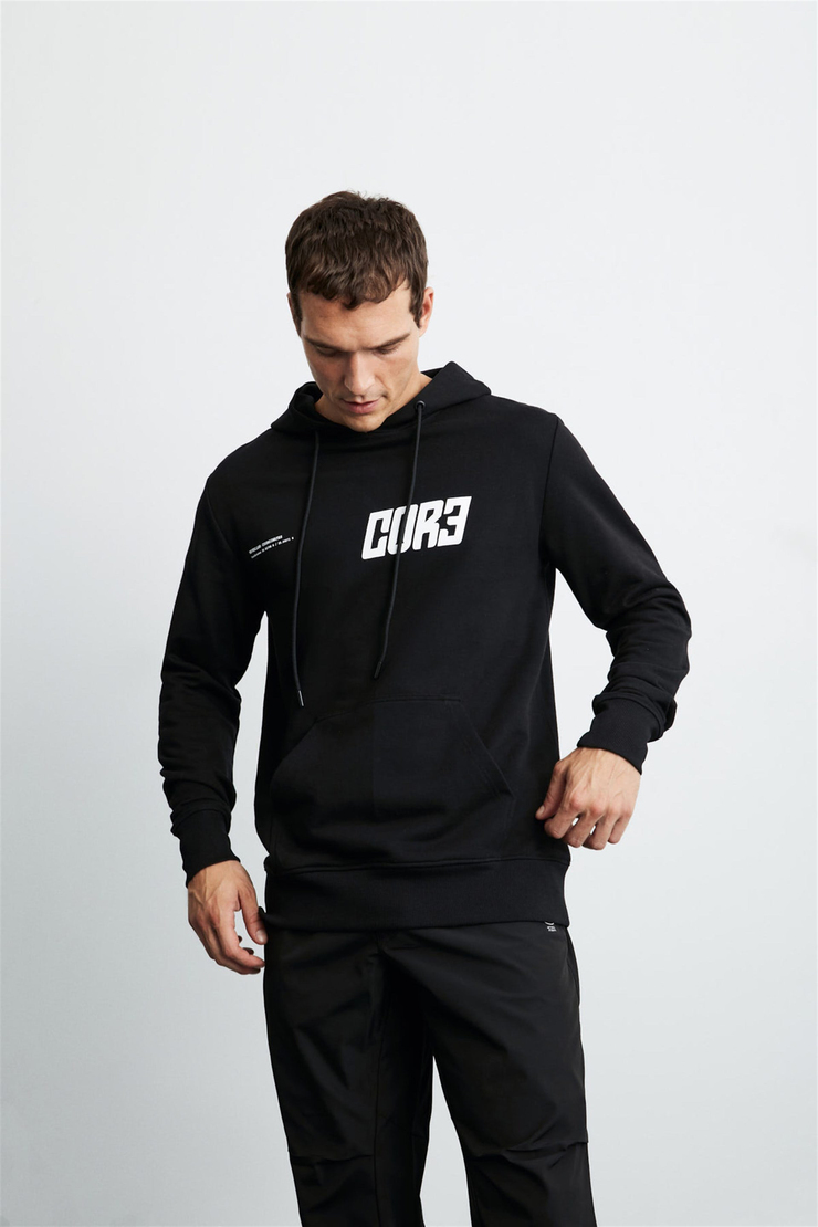 BRUNO Erkek Siyah Baskılı Kapüşonlu Comfort Fit Sweatshirt