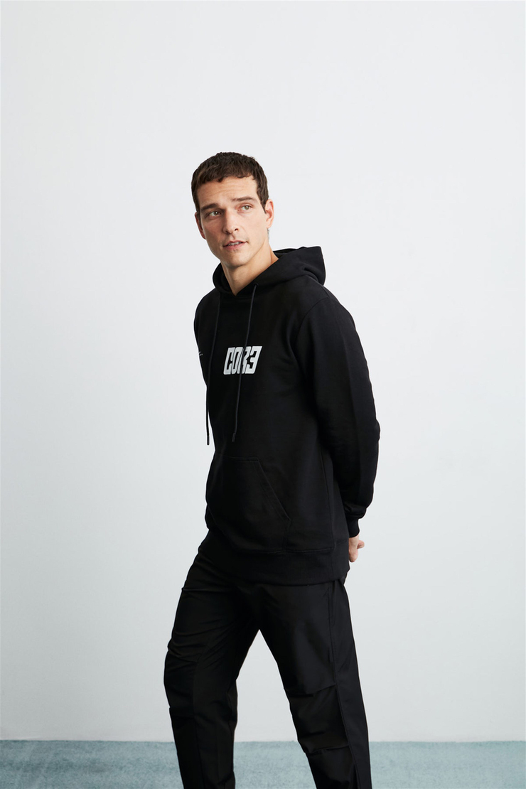 BRUNO Erkek Siyah Baskılı Kapüşonlu Comfort Fit Sweatshirt